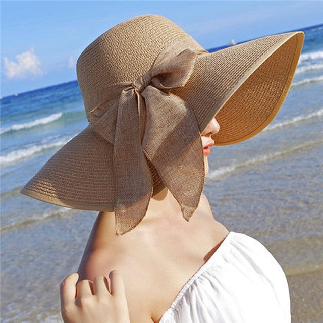Women's Large Brim Straw Beach Hat with Bowknot