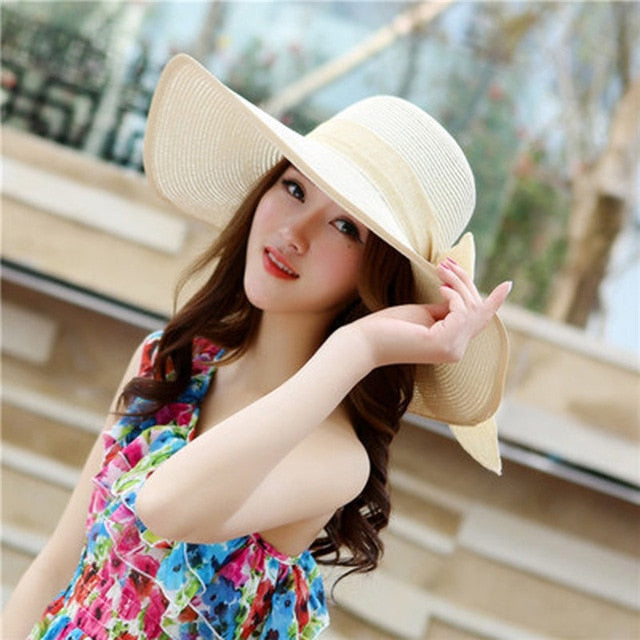 Women's Large Brim Straw Beach Hat with Bowknot