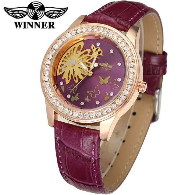WINNER Top Brand Luxury Women Mechanical Watch Leather Strap Butterfly Flower Crystal Diamond Iced Out Elegant Ladies Wristwatch