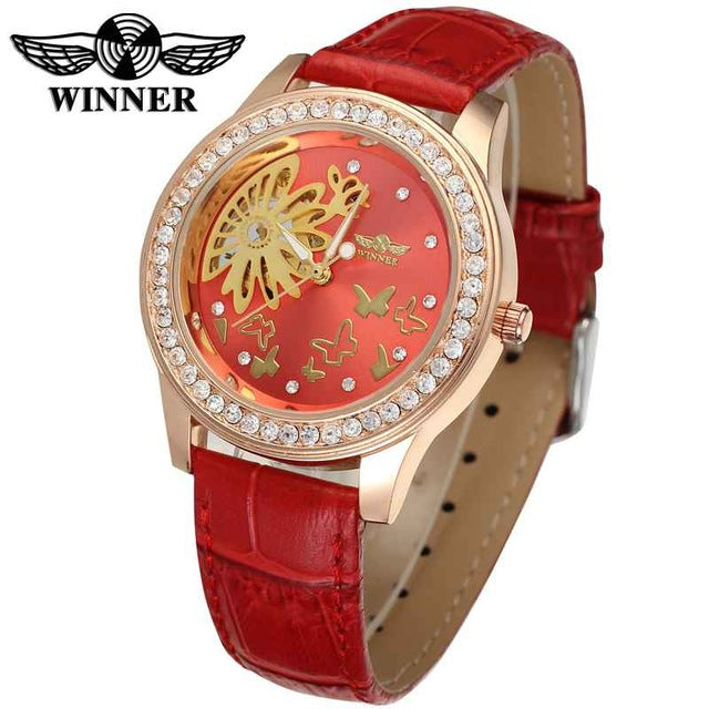 WINNER Top Brand Luxury Women Mechanical Watch Leather Strap Butterfly Flower Crystal Diamond Iced Out Elegant Ladies Wristwatch