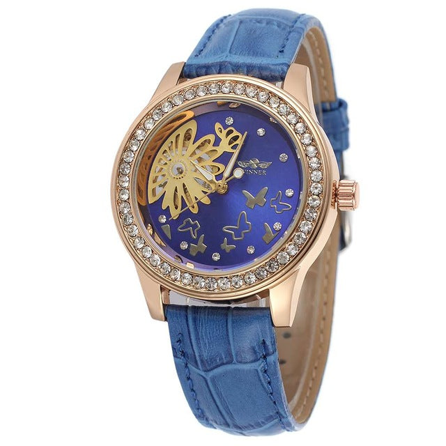 WINNER Top Brand Luxury Women Mechanical Watch Leather Strap Butterfly Flower Crystal Diamond Iced Out Elegant Ladies Wristwatch