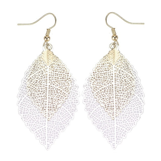 New Fashion Jewelry Women Rose Gold Color Multicolor Double Leaf Hollow Earrings Hanging Long Dangle Drop Earings Duftgold