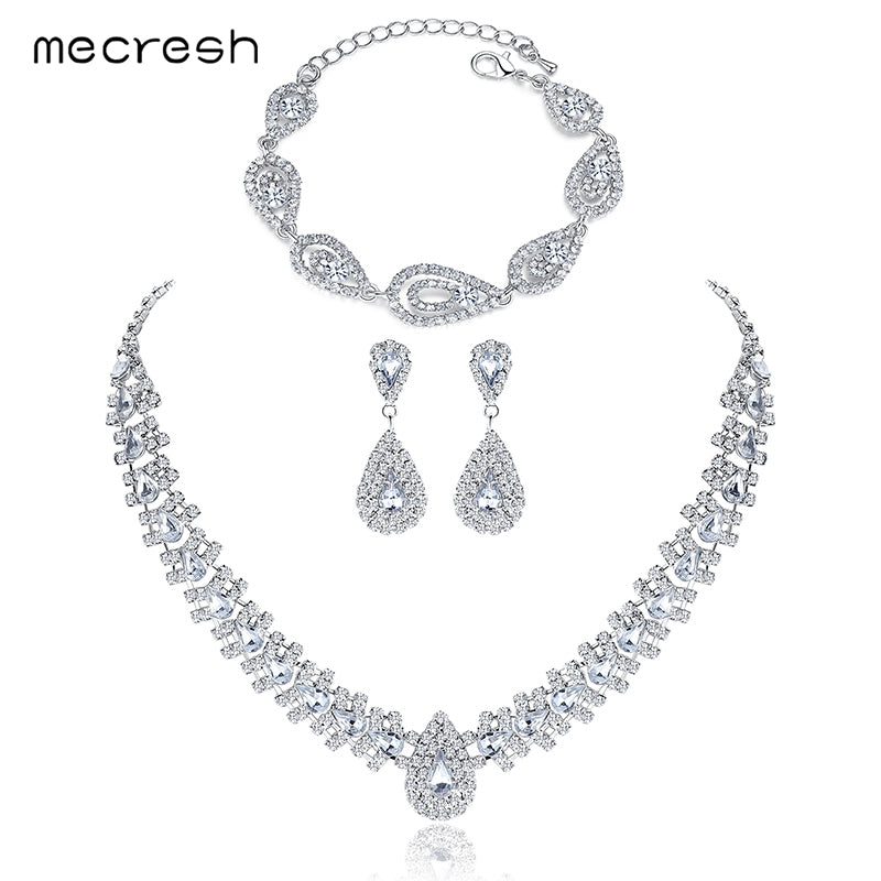 Minlover Silver Color Crystal Bridal Jewelry Sets Wedding Jewelry Earrings Bracelet Necklace Sets TL001+SL022