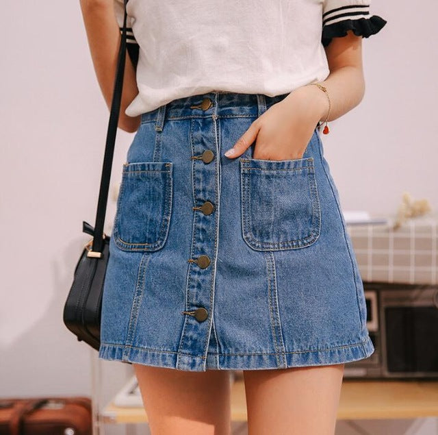 high waisted a line denim skirt