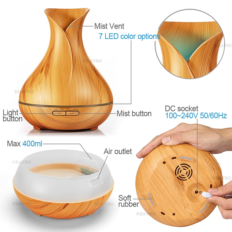 Ultrasonic Wood Grain Color Changing LED 400mL Oil Air Humidifier