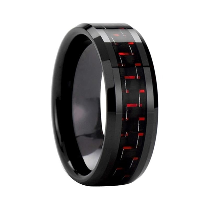 Black Wedding Band Women Mens Tungsten Ring With Black+Red Carbon Fiber Inlay