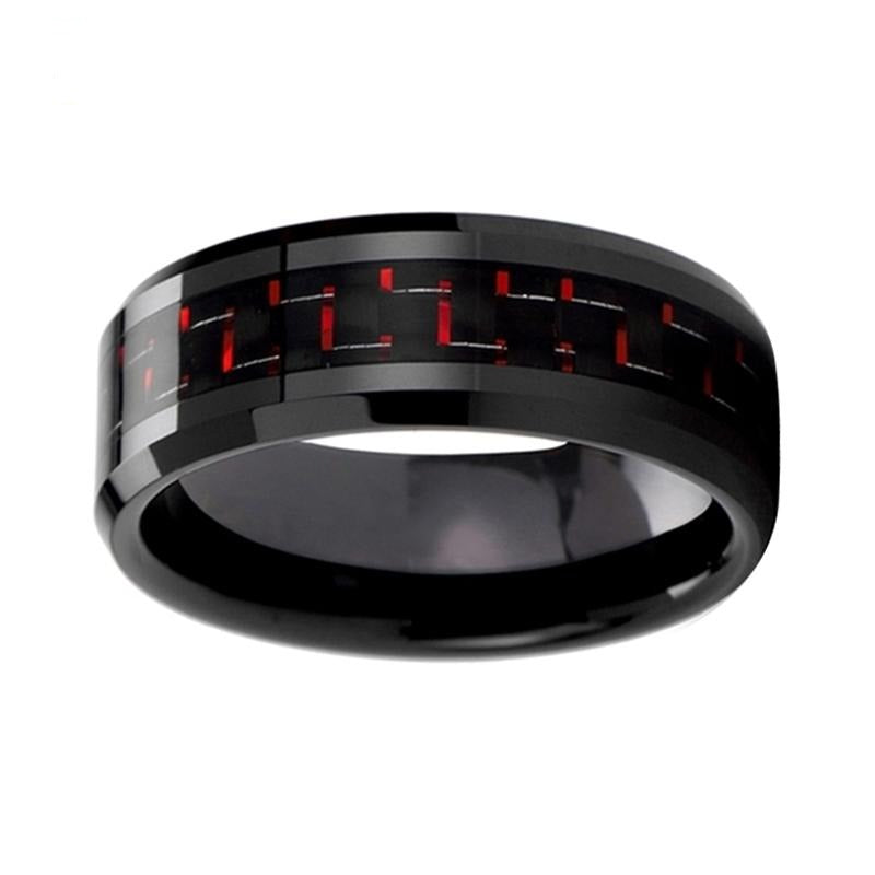 Black Wedding Band Women Mens Tungsten Ring With Black+Red Carbon Fiber Inlay
