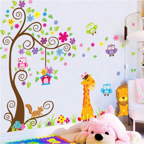 [Fundecor Monopoly] diy home decor large cartoon giraffe owl tree decals decorative wall sticker for kids room bedroom murals
