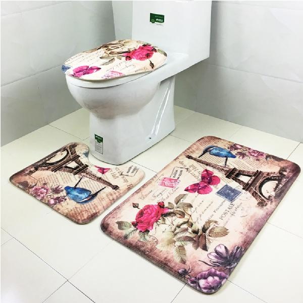 3 PCS Printed Coral Fleece Toilet Seat Cover Set