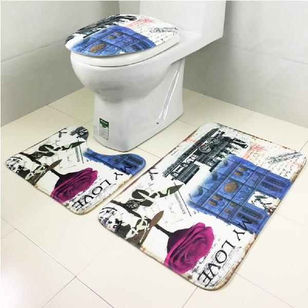 3 PCS Printed Coral Fleece Toilet Seat Cover Set