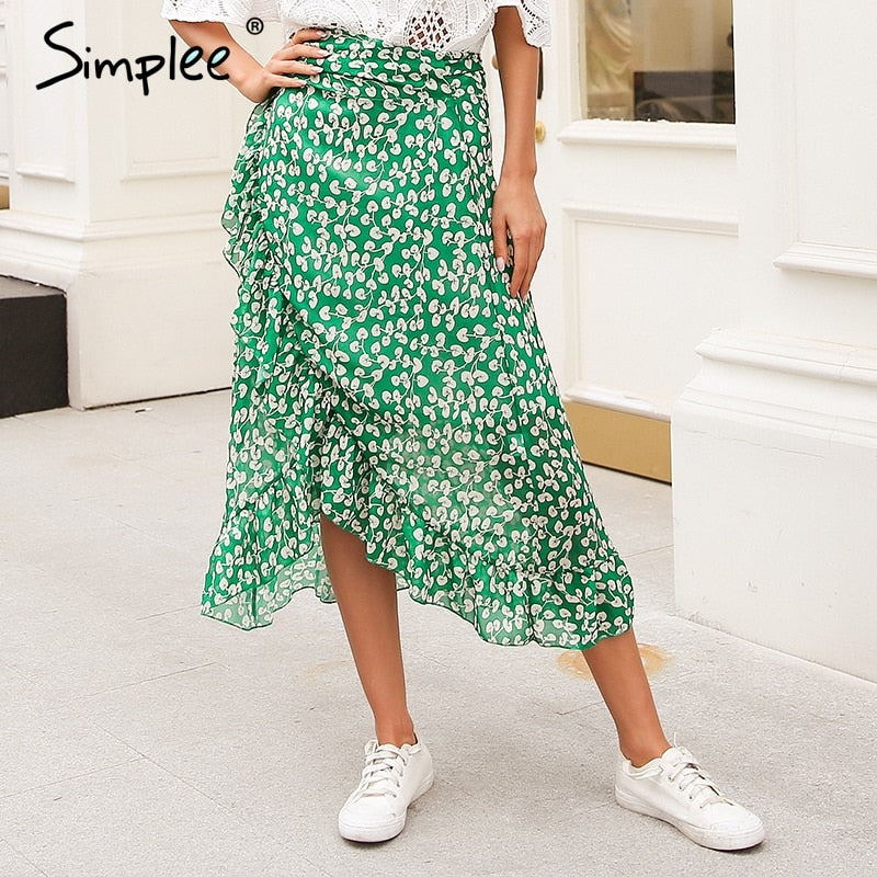 Simplee Ruffle leaf print wrap skirt