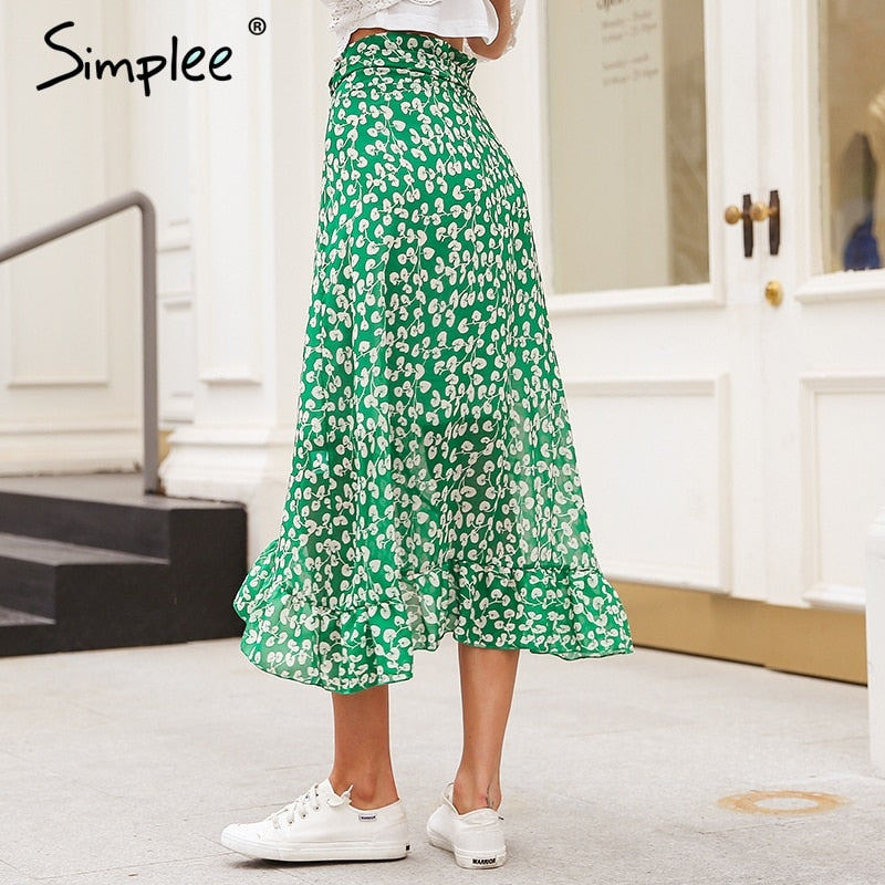 Simplee Ruffle leaf print wrap skirt