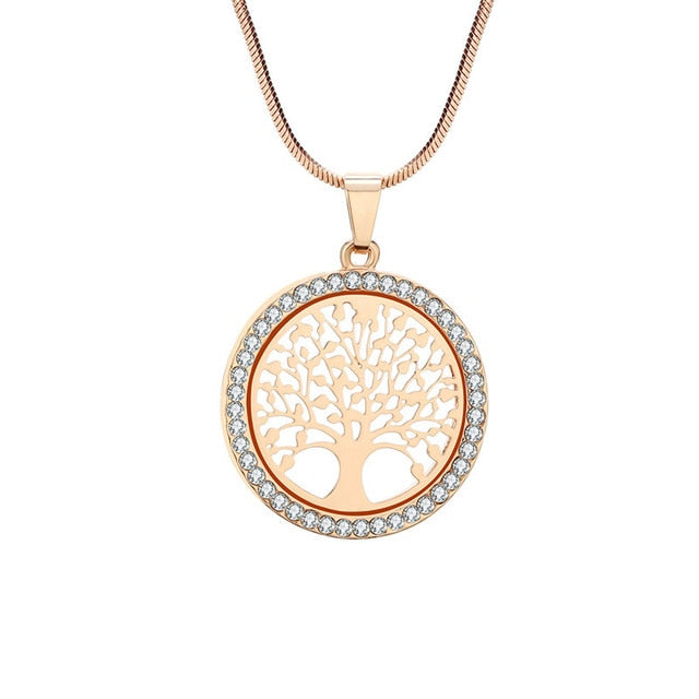 Women's Tree of Life Crystal Round Pendant Necklace