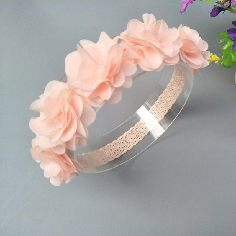 Baby Flower Crown Headband Chiffon Flower Wreath Pink Ribbon Hair Bands Children Girls Handmade DIY Headwear Hair Accessories