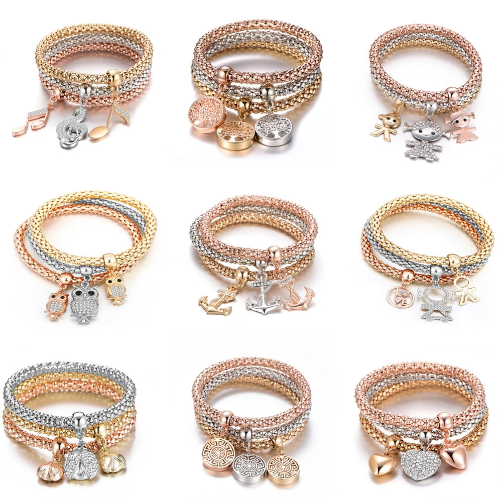 3 Piece: Popcorn Chain Link Alloy Crystal Charmed Bracelets