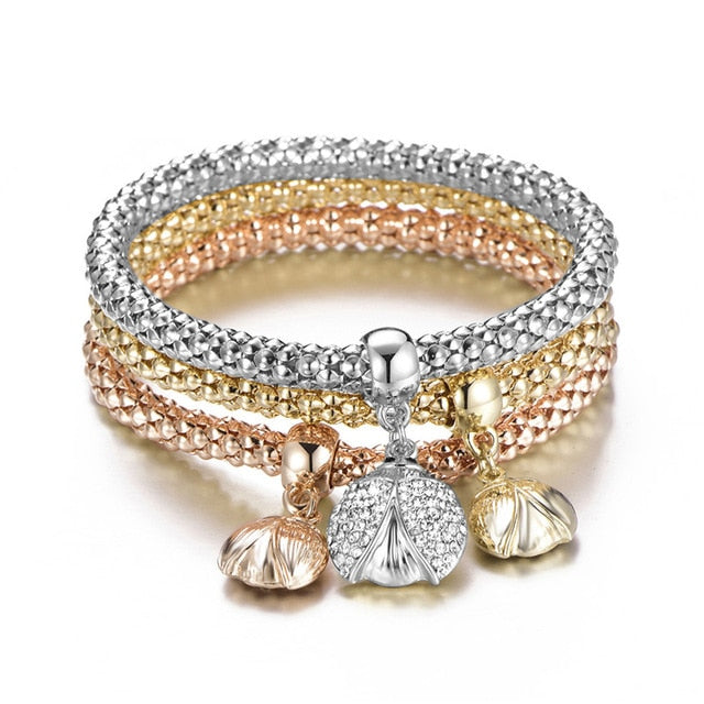 3 Piece: Popcorn Chain Link Alloy Crystal Charmed Bracelets