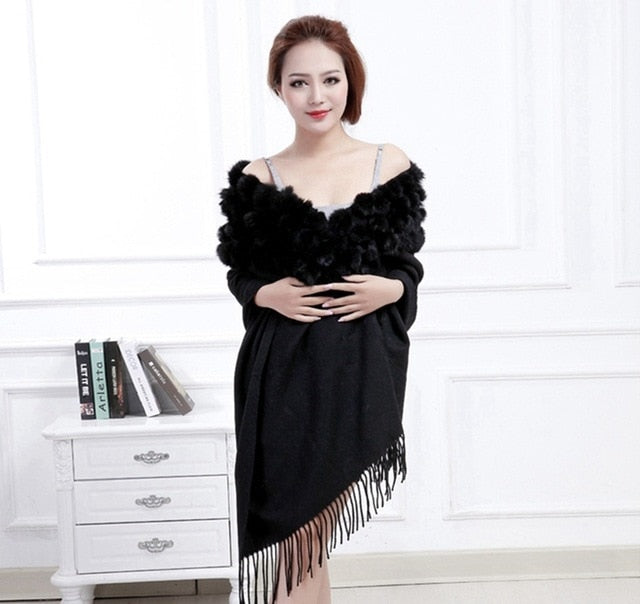 Women's Long Thick Knit Rabbit Fur Wrap Scarf