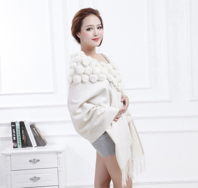 Women's Long Thick Knit Rabbit Fur Wrap Scarf