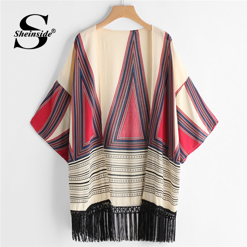 Sheinside Geometric Print Boho Vacation Kimono Cardigan Women 3/4 Sleeve Tribal Tassel Longline Casual Top Summer Beach Kimono