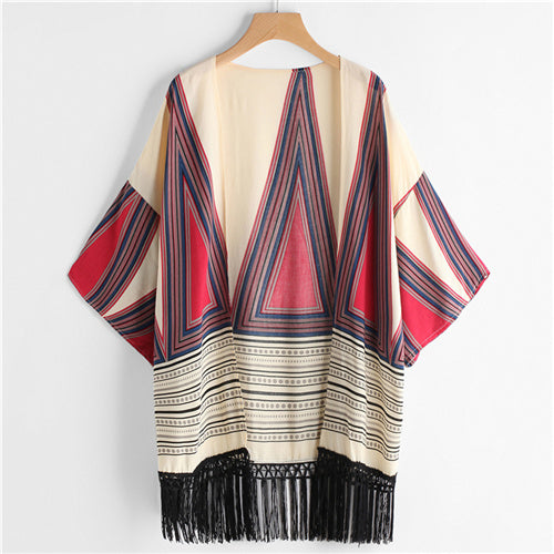 Sheinside Geometric Print Boho Vacation Kimono Cardigan Women 3/4 Sleeve Tribal Tassel Longline Casual Top Summer Beach Kimono