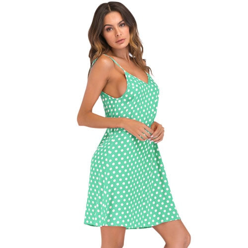 Women's Polka Dot Print V Neck Sleeveless Dress