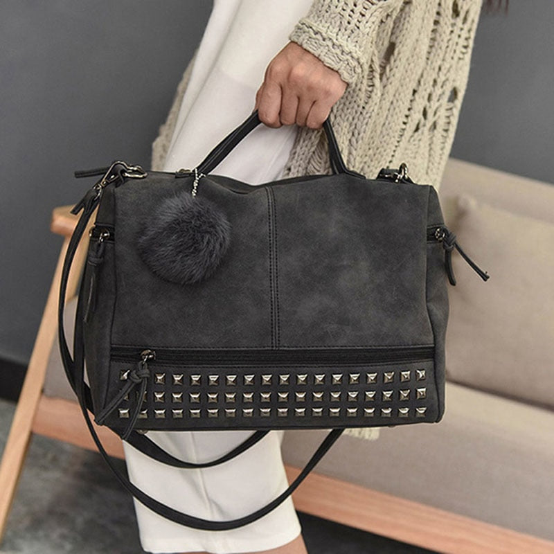Women's Vintage Nubuck Leather Shoulder Handbag with Fur Ball Keychain