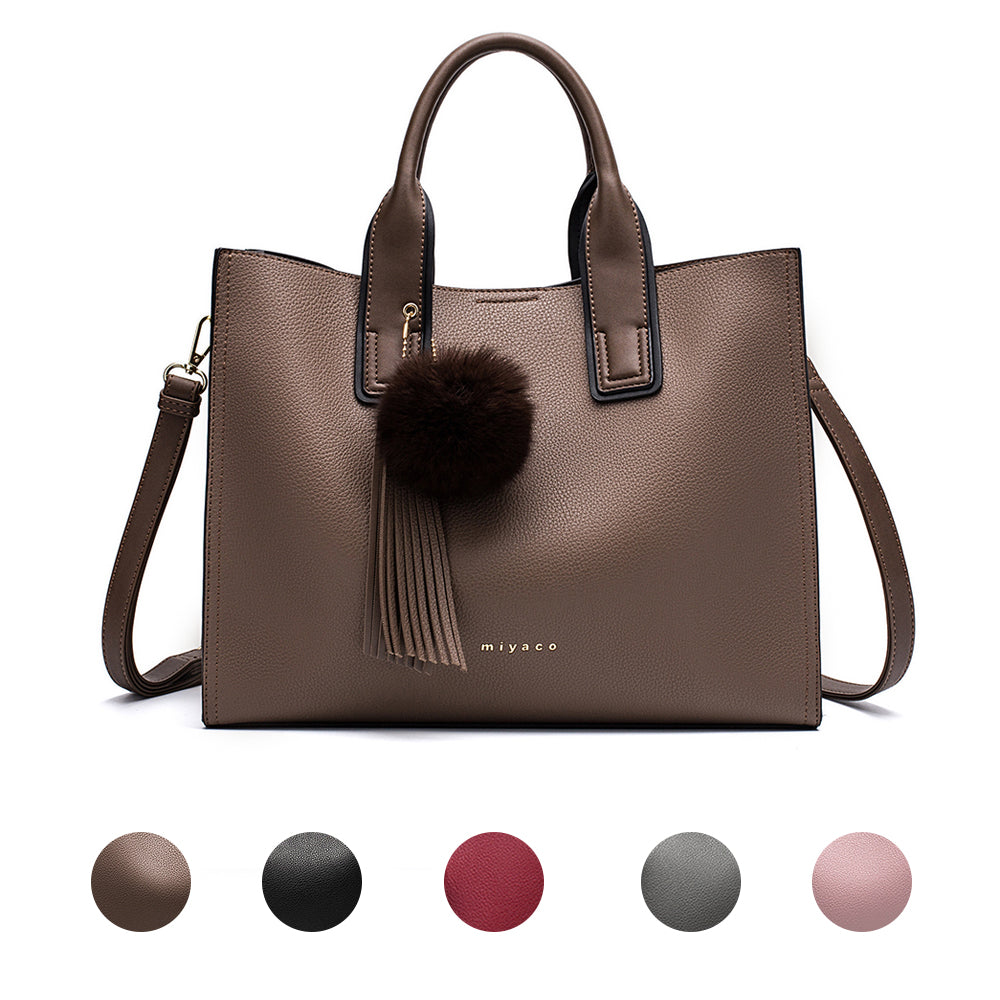 Women's Leather Tote Handbag with Shoulder Strap and Fluffy Accessory