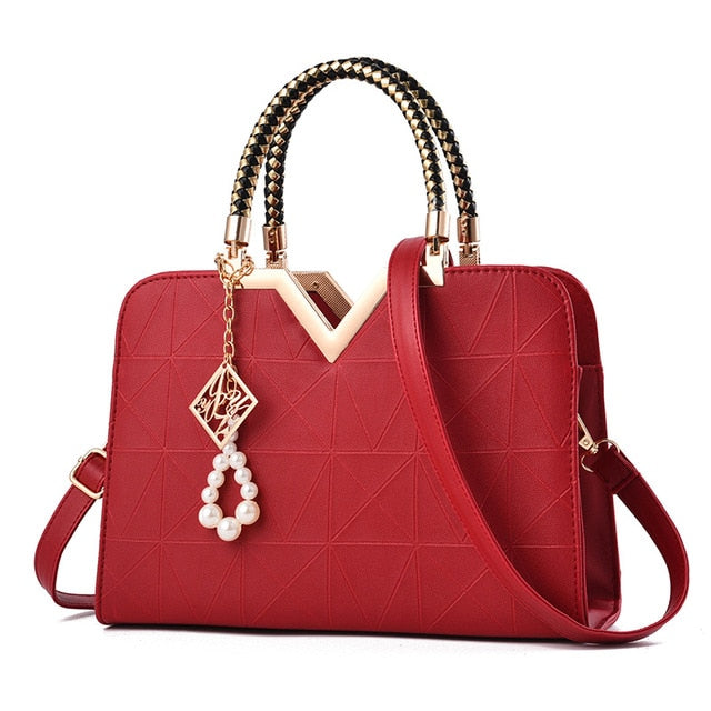 Women's Gold Trim Leather Pearl Charmed Handbag
