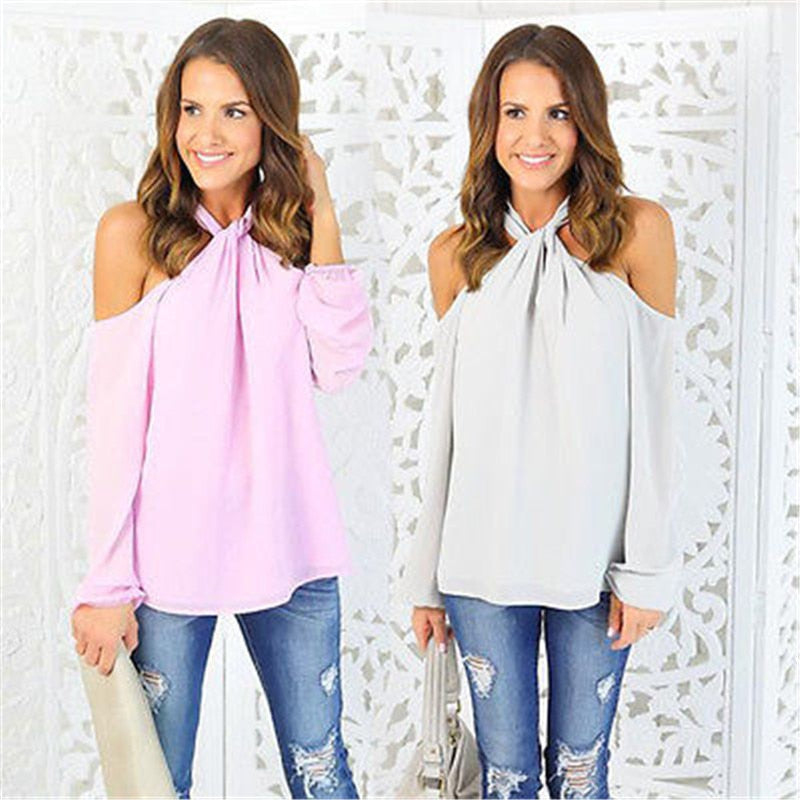 Womens blouse Long Sleeve Off The Shoulder Chiffon