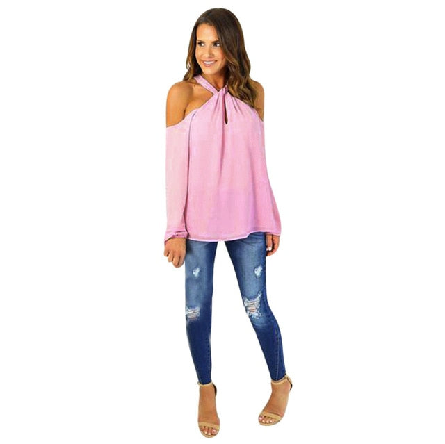 Womens blouse Long Sleeve Off The Shoulder Chiffon