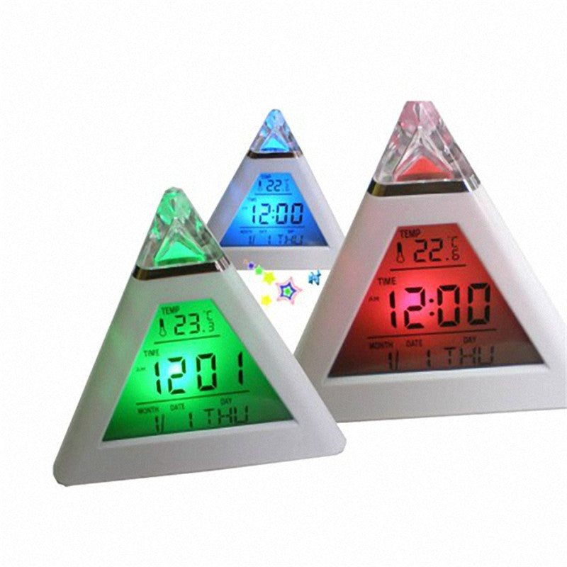 Pyramid Temperature 7 Colors LED Change Backlight LED Moon Alarm Clock