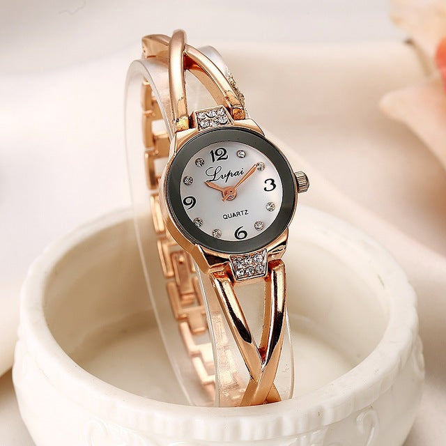 Women's Luxurious Stainless Steel Crystal Embedded Chainlink Wristwatch