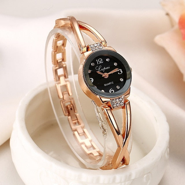 Women's Luxurious Stainless Steel Crystal Embedded Chainlink Wristwatch