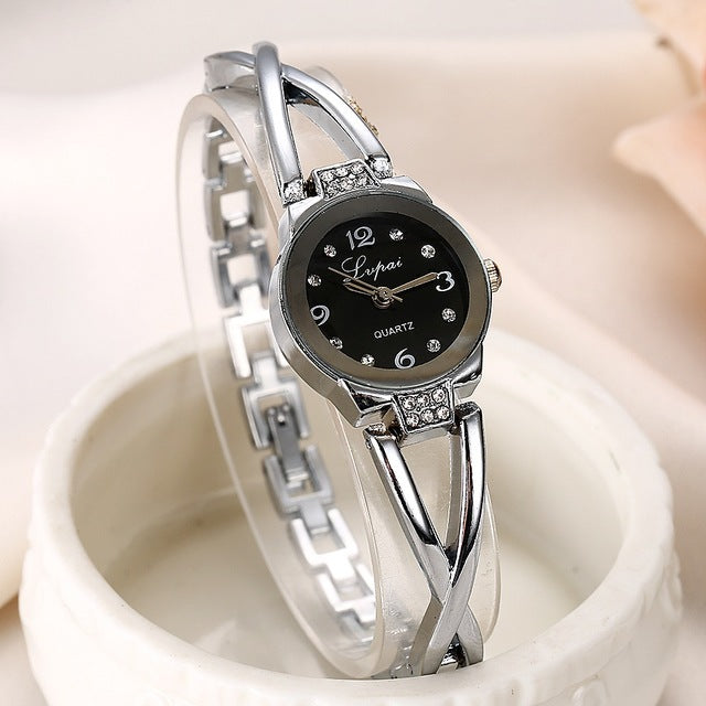 Women's Luxurious Stainless Steel Crystal Embedded Chainlink Wristwatch