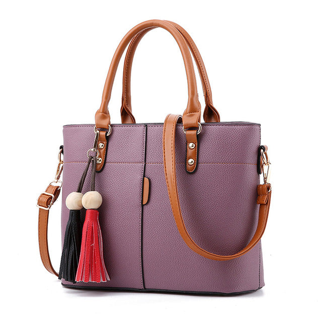 Women's Large Capacity Leather Tote Tasseled Handbag