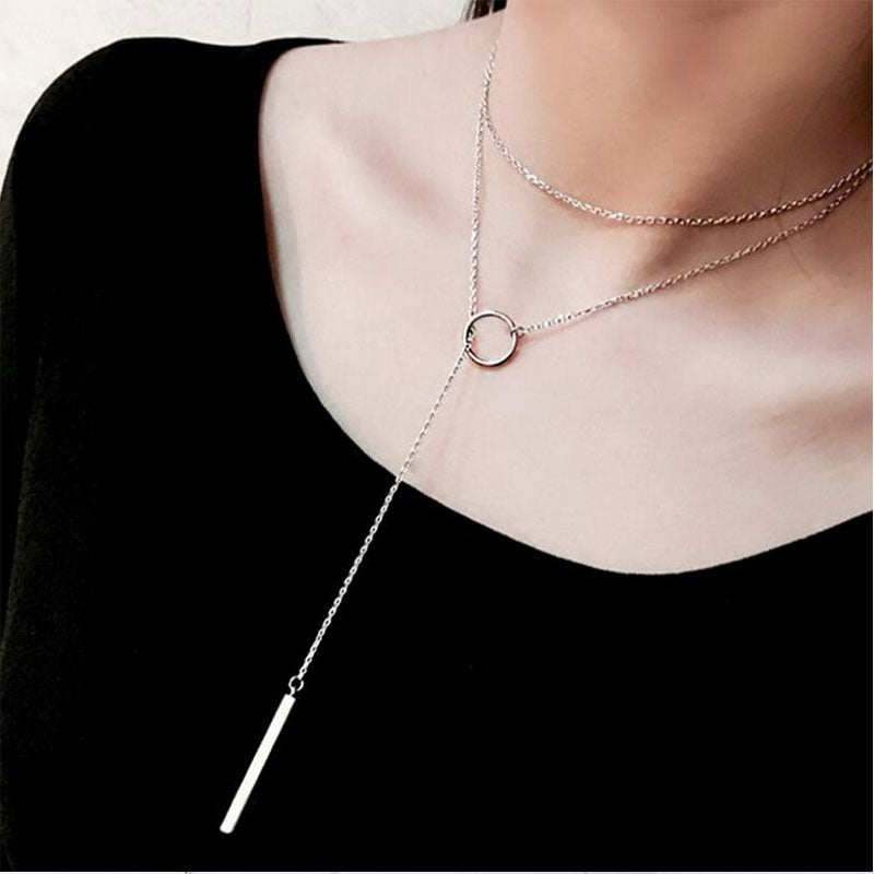 925 Sterling Silver Long Strip Circle Adjustable Necklace