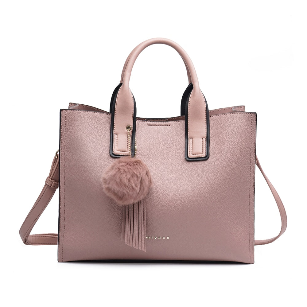 Women's Leather Tote Handbag with Shoulder Strap and Fluffy Accessory