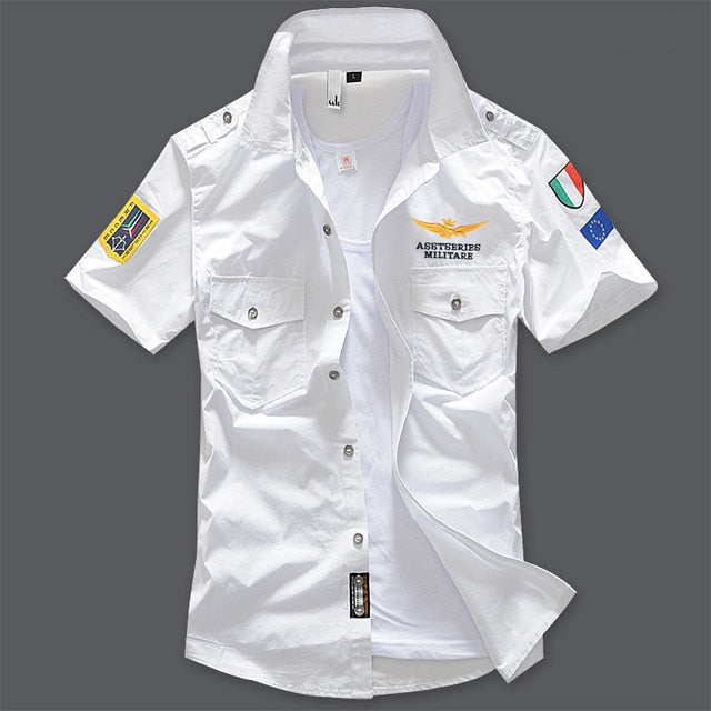 Men's Military Style Short Sleeve Embroidered High-Quality Cotton Shirt