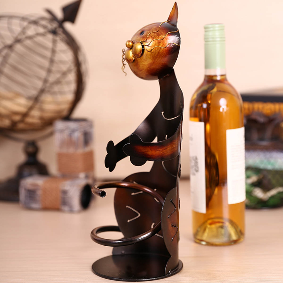Metal Cat Home Wine Rack Holder