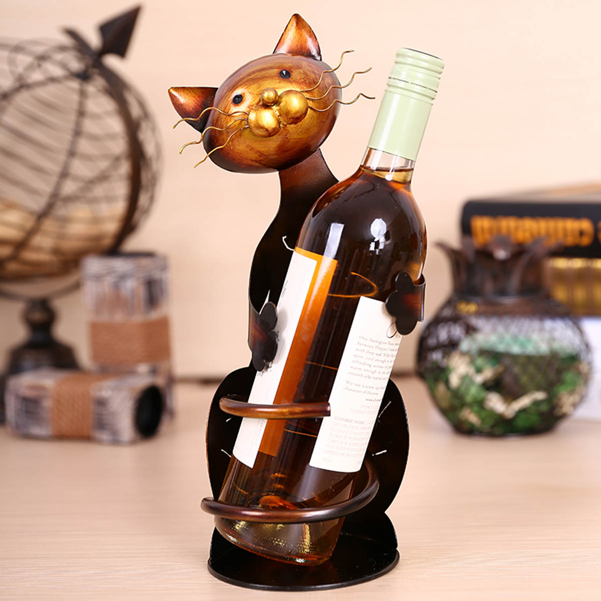 Metal Cat Home Wine Rack Holder