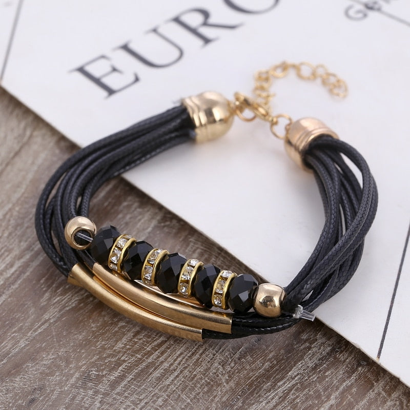 Women's Fashion Leather Bead Charmed Bracelet