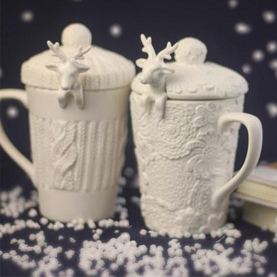 3D Animal Sculpted Ceramic Holiday Mugs with Lids