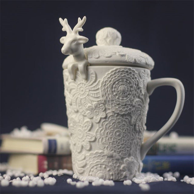 3D Animal Sculpted Ceramic Holiday Mugs with Lids