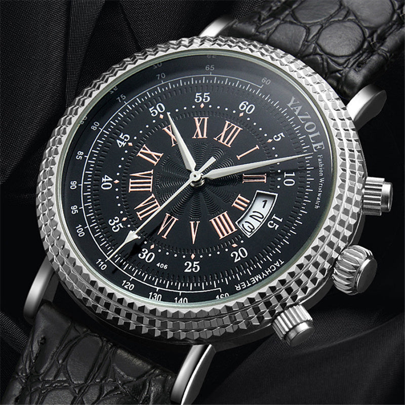 Men's Luxury Tachymeter Dial Casual Leather Quartz Watch