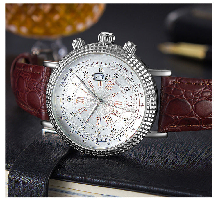 Men's Luxury Tachymeter Dial Casual Leather Quartz Watch