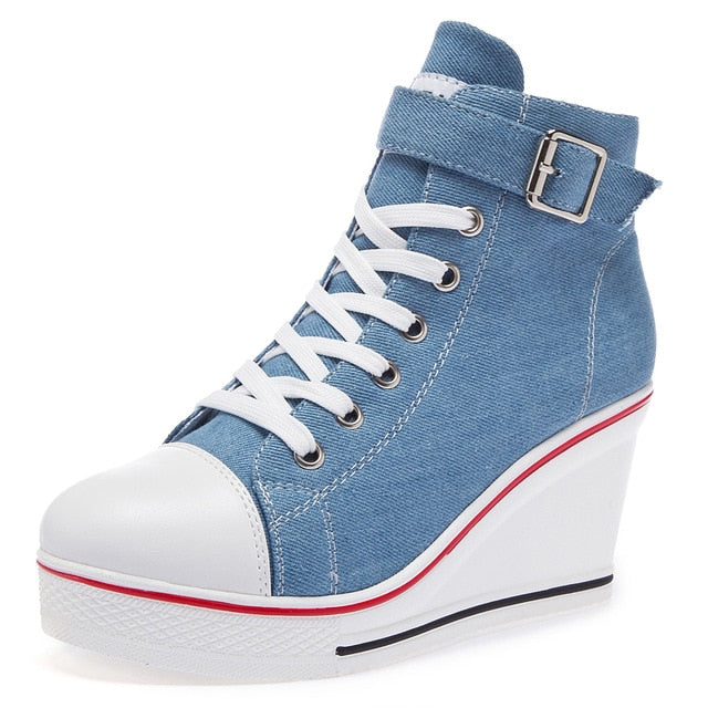 Women's Denim Ankle Lace-Up Canvas Sneaker High Heel Wedges