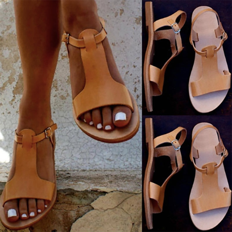Women Soft Leather Gladiator Flat Sandals