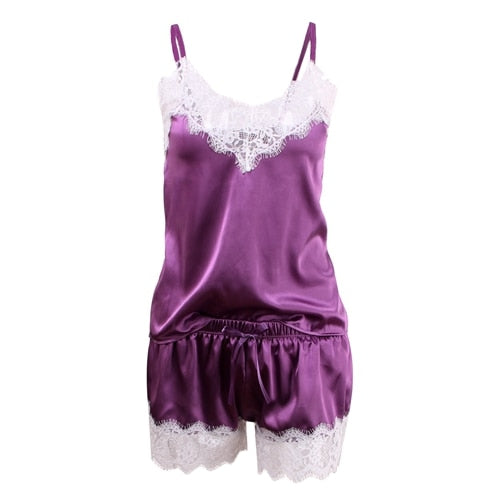 Women Clothes For Summer Shorts Sets Sleepwear Satin Pajama Cami Top + Shorts Pajamas Spaghetti Strap Lace   Pajama Set