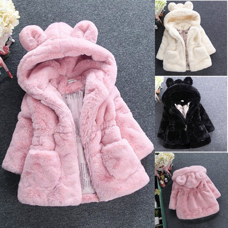 Girl's Cute Faux Fur Fleece Winter Jacket with Hood and Ears