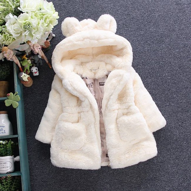 Girl's Cute Faux Fur Fleece Winter Jacket with Hood and Ears